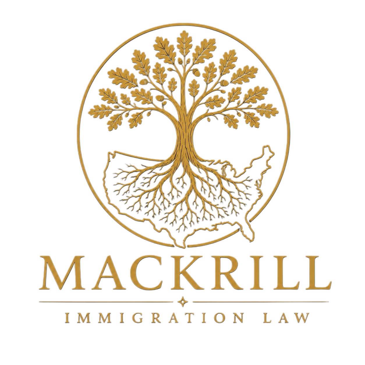Mackrill Immigration Law logo: an oak tree with roots spreading across a map of the United States